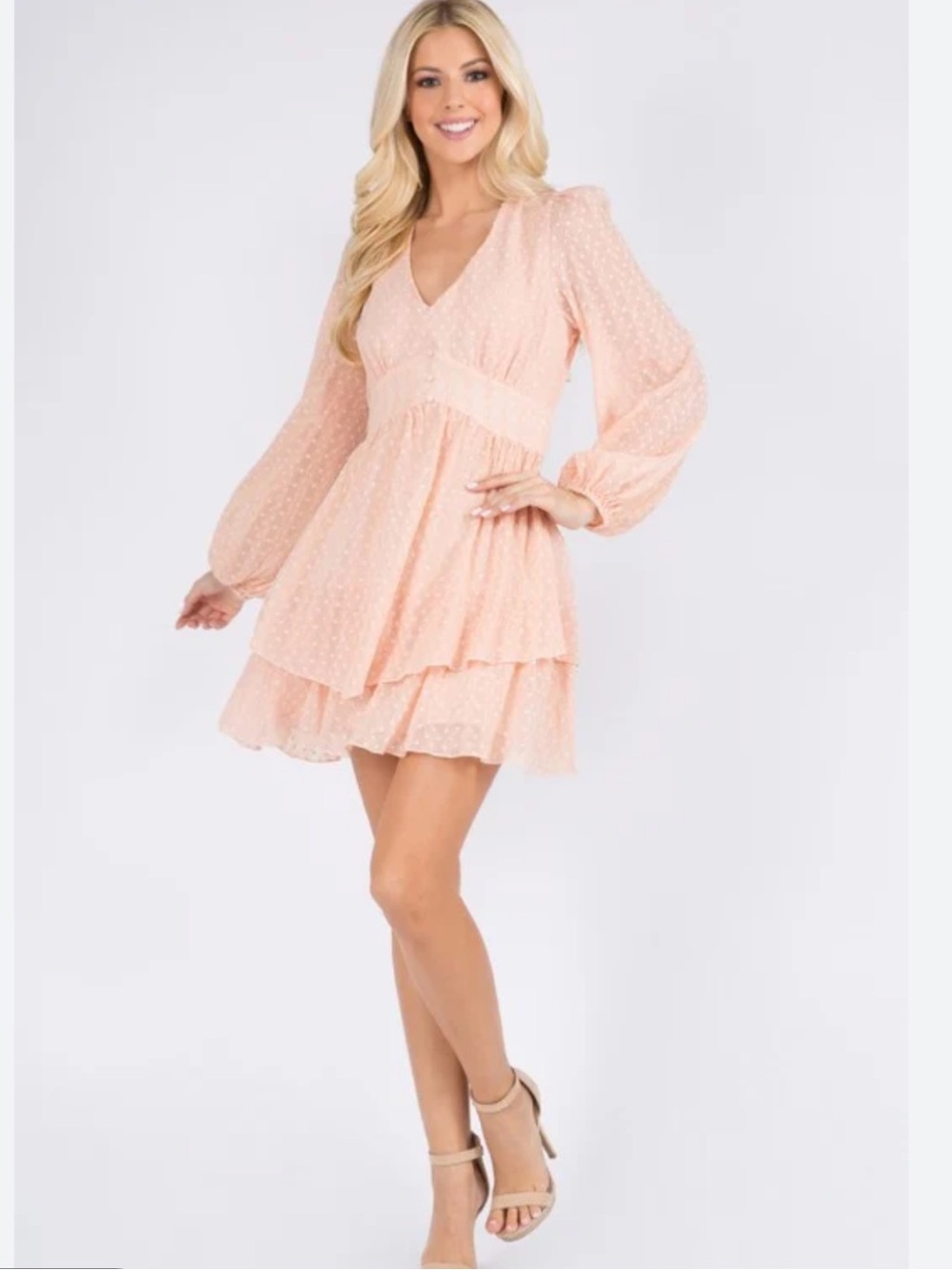 V-Neck Long Sleeve Tiered Mini Dress in Coral   size M - Picture 4 of 17